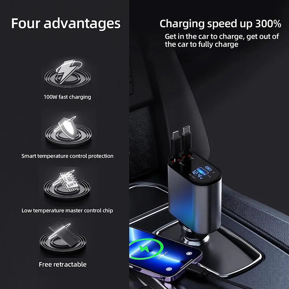  Retractable Car Charger 100W, 4 in 1 Fast Car Phone